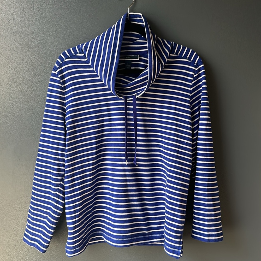 💙🤍 KAREN SCOTT women’s sweatshirt cowl neck blue white stripes large like new